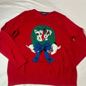 NWT Lands End Women’s Rich Red Blue Ribbon Puppies Pullover Sweater L Christmas